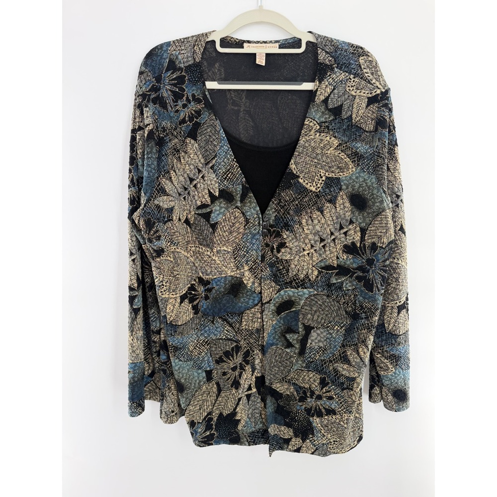 JM Collection Woman 2X Blue Floral Snakeskin Metallic 2-in-1 Cardigan Tank Top